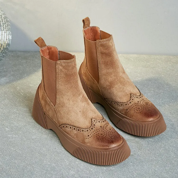 MLJUESE/; женские ботильоны из свиной кожи; зимние короткие плюшевые ботинки с перфорацией; цвет коричневый; ботинки с перфорацией типа «броги»; женские ботинки «Челси»