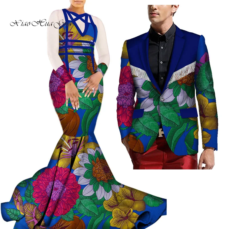 African Mermaid Bazin Riche Dresses for Couples Dashiki African Couple Clothing Women's Dress+Men's Blazer 2 Pieces Set WYQ275