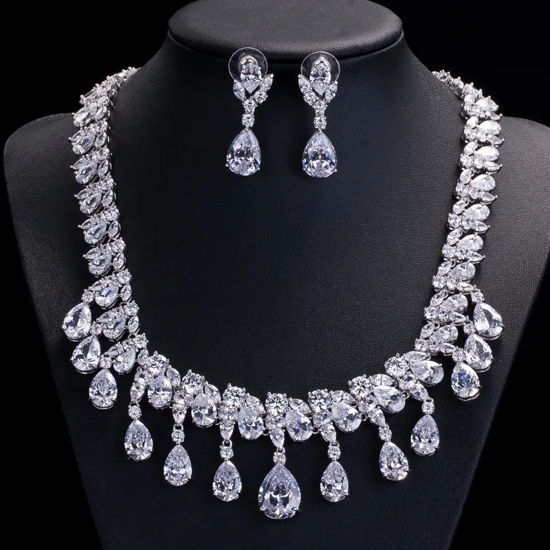 Hot ! Water Drop Bridal Jewelry Sets Crystal Jewelry Set Full CZ Flower
