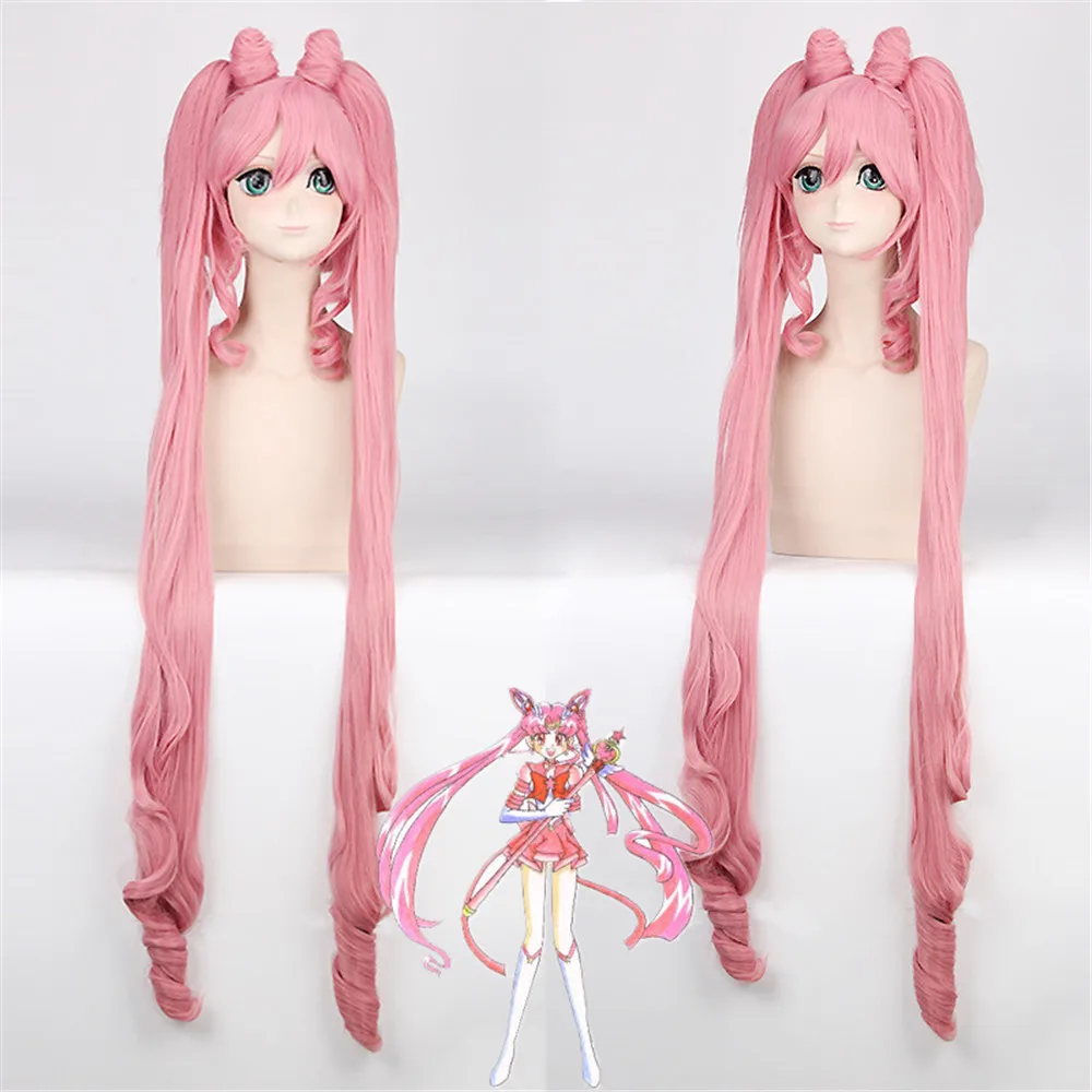120 см Сейлор Мун Chibiusa Длинный розовый парик синтетические волнистые Аниме