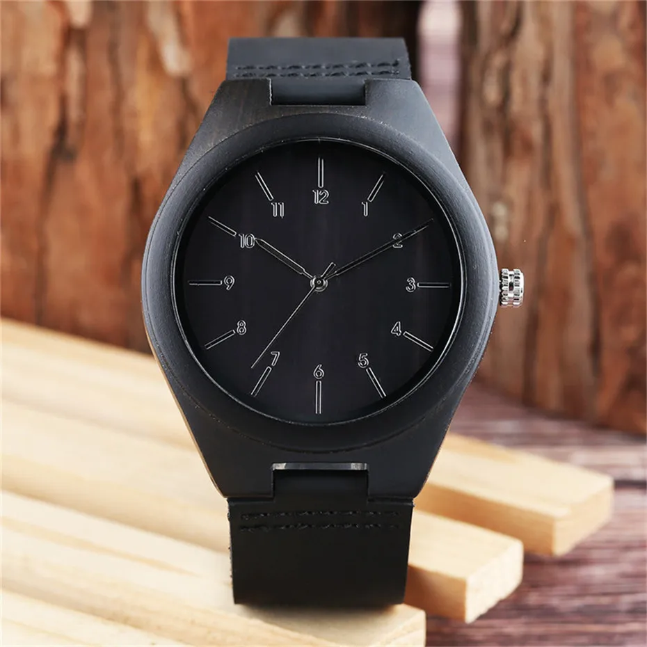Black Cool Nature Wood Arabic Number Men Quartz Wrist Watch Analog Casual Brown Genuine Leather Band Strap Sport Clock Gift (8)