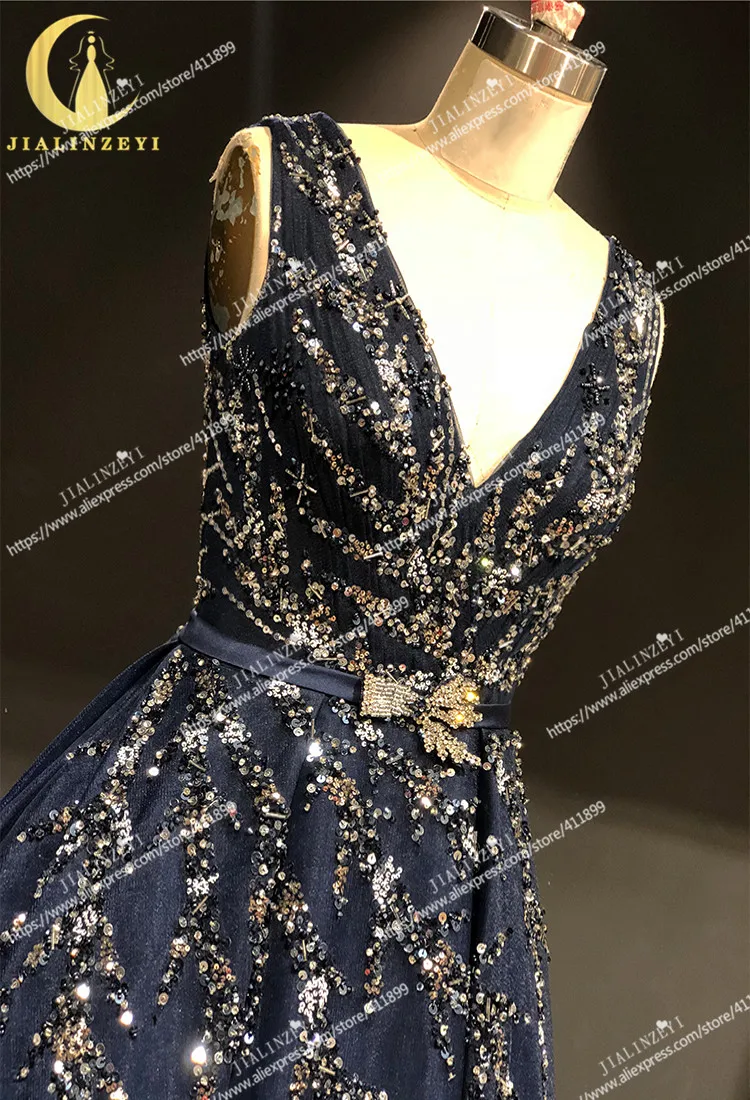 JIALINZEYI, настоящий образец, темно-синий, полный бисер, кристалл, а-силуэт, модное вечернее платье, вечерние платья
