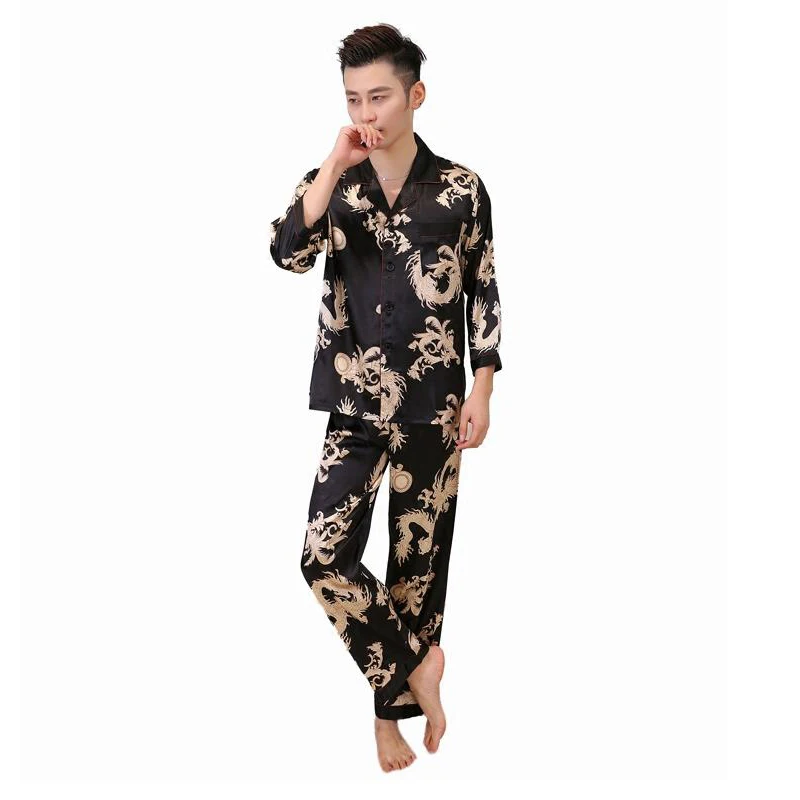 Повседневная одежда для сна в китайском стиле с принтом дракона, пижамный комплект для мужчин из 2 предметов, рубашка с длинными рукавами и штаны, пижама из искусственного шелка, банный халат, L, XL, XXL