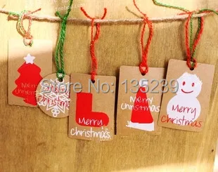 

Brown Kraft Christmas Gift Tags - Snowman,Boots,Hat, Snow or Christmas tree with red rope