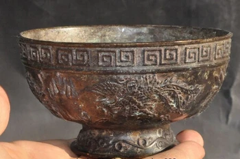 

xd 003331 Old chinese Dynasty palace bronze auspicious dragon phoenix bird statue bowl cup