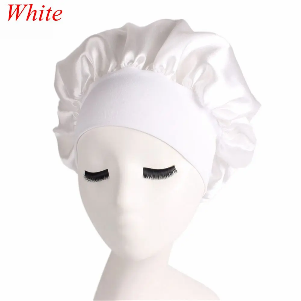 1 шт., Женская широкополосная атласная шелковая шляпа, удобная Кепка для ночного сна, женская мягкая шелковая длинная Кепка для ухода за волосами, головной убор - Цвет: Белый