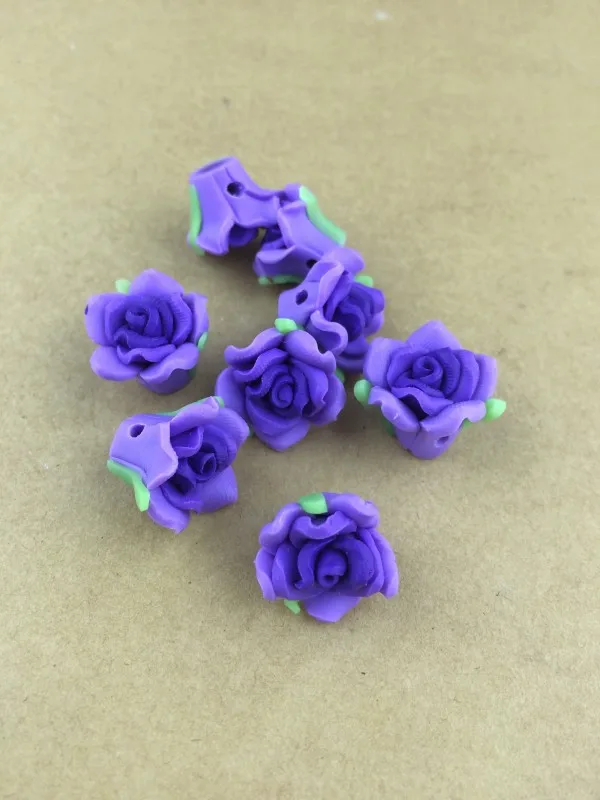 Free Shipping 100Pcs Polymer Fimo Purple Clay Flower With Leaf Spacer