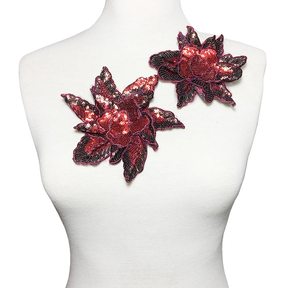 

3pc 3D Sequin Patch Red Flower Applique Beaded Flowers Patches For Coat Jeans Blooming Appliques Parches Dia14cm Sew On AC1107