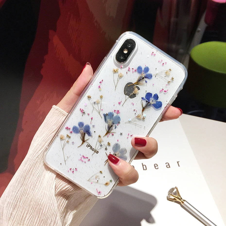 Qianliyao Real Flowers Dried Flowers Transparent Soft TPU Cover For iPhone X 6 6S 7 8 plus Phone Case For iphone XR XS Max Cover