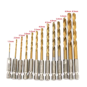 

Drill Bits 13pcs/set HSS High Speed Steel Titanium Coated Drill Bit Set 1/4 Hex Shank 1.5-6.0mm High Quality For Electric Dril