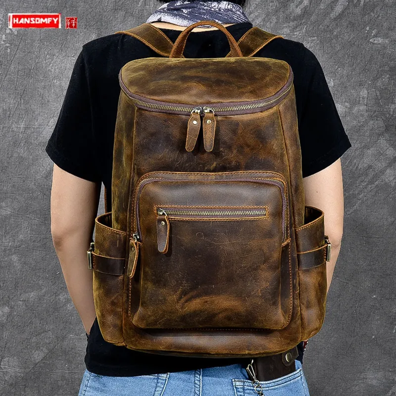 

New Retro men's backpack Super wear-resistant Crazy horse leather laptop shoulder bag Large capacity outdoor travel backpacks