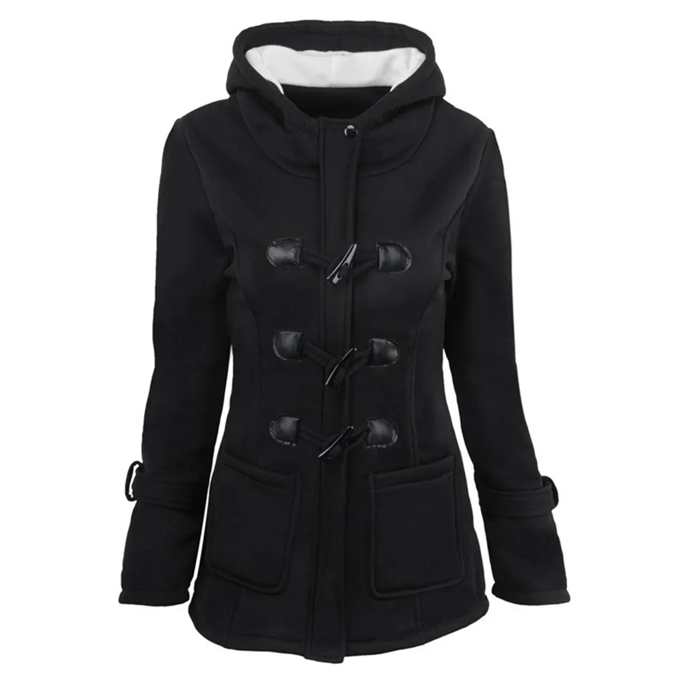 Large Size Cotton Women's Long Section Hooded Wool Blended Horn Leather Buckle Winter Jacket Female