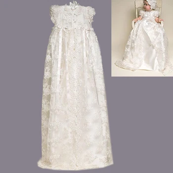2019 Flower Girl Dress Christening Long Dress and Hats Set Ceremony Dresses Baby Baptism Dress Toddler Infants Age 3M 6M 9M 12 crochet christening dress crochet baptism dress