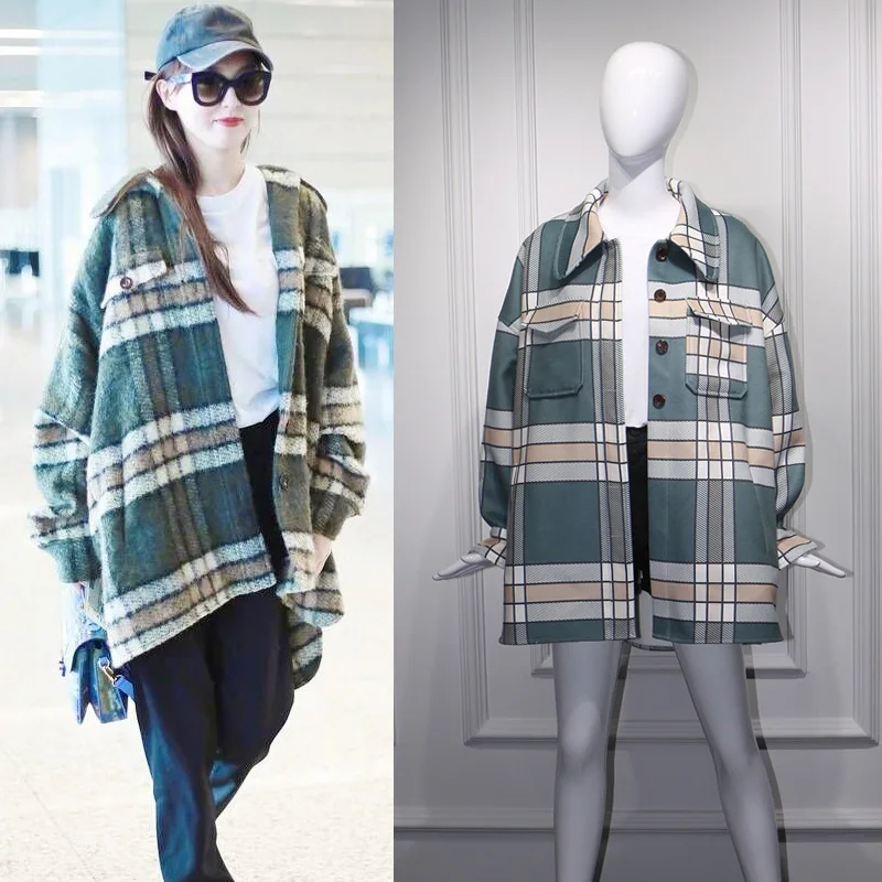 

2019 Winter Star Tang Yan Li Yitong Airport Same Loose Profile Large Lattice Shirt Woolen Coat Plaid Coat and Jackets Women