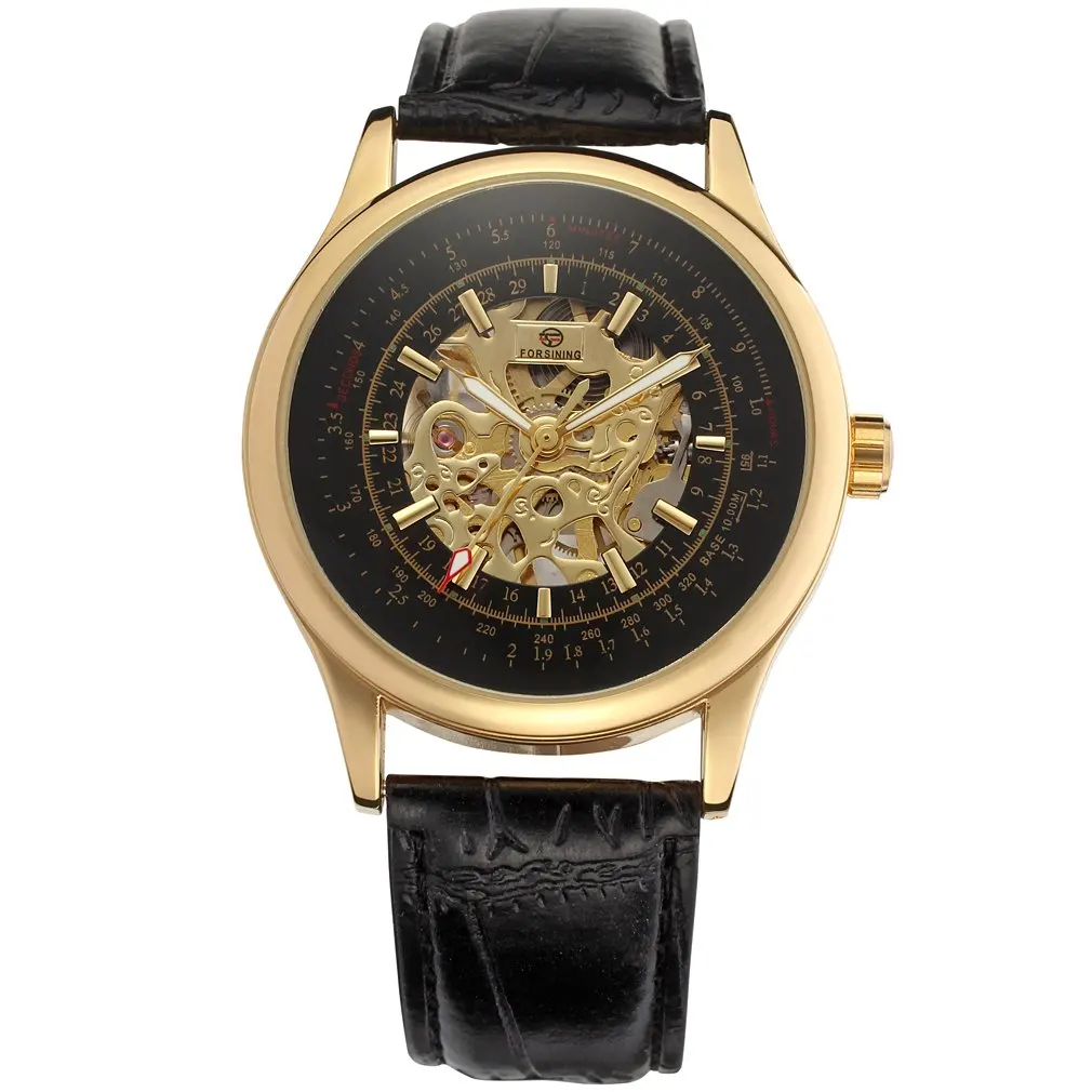 2018 FORSINING تصميم الأزياء الذهب الأسود ساعة اليد الرياح الميكانيكية ووتش للرجال أسود حلقة من جلد Relogio الذكور الشحن مجانا