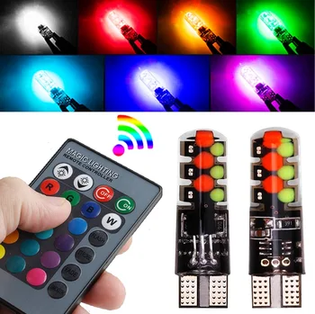 

2pcs T10 W5W RGB LED Bulbs With Remote Control 12Chips COB Silicone Shell Strobe Flash Auto Reading Lamp Wedge Car Parking Light