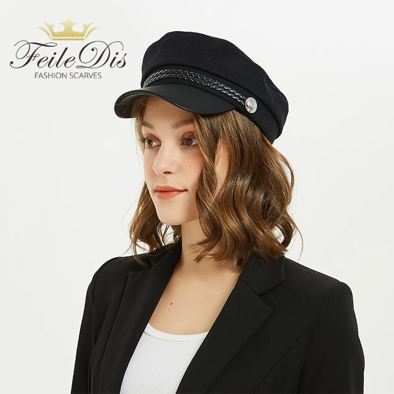 

[FEILEDIS]Military Cap Hat Female Winter Hats For Women Men Ladies Army Militar Hat Pu Leather Visor Black Cap Sailor Hat LR-05