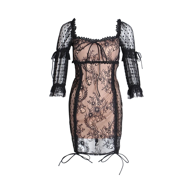 GALCAUR сексуальное кружевное лоскутное женское платье с квадратным воротником и высокой талией с пышными рукавами, мини-платья для женщин Новинка - Цвет: Black