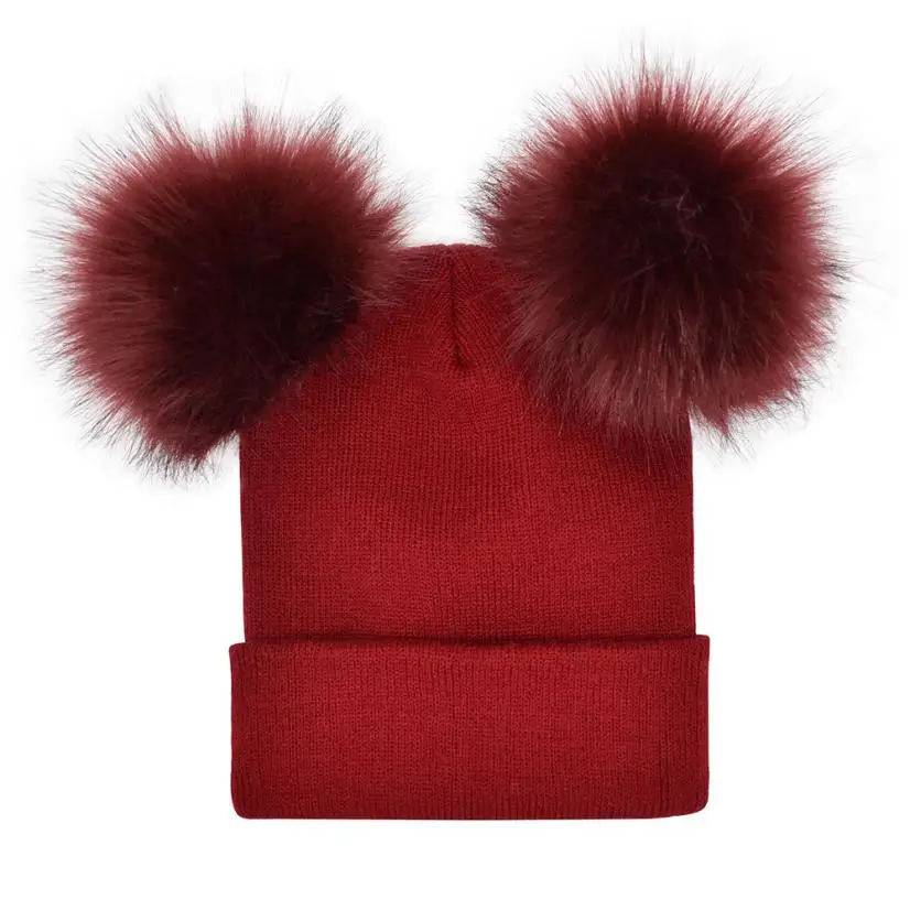 Для женщин шляпы 2018 Роскошные Для женщин зима теплая крючком вязать двойной Faux Fur Pom Шапка-бини Повседневное одноцветное Цвет Beanie кепки gorras A8