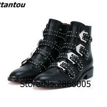 Модные ботильоны из искусственной замши на толстом каблуке с пряжкой и ремешками; модная обувь в стиле панк с заклепками; женские мотоциклетные ботинки; знаменитые