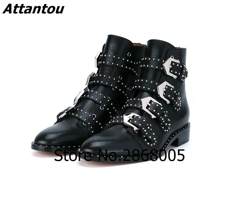 

Trendy PU Suede Four Buckled Straps Chunky Heel Ankle Boots Fashion Punk Rivets Shoes Women Motorcycle Boots Celebrity