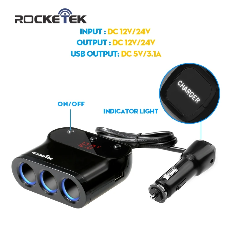 bilder für Rocketek auto-ladegerät 2 USB Smart IC 3.1A auto-ladegerät 3 Steckdosen Zigarettenanzünder Adapter Splitter für Meter mess auto volt bilder für Rocketek auto-ladegerät 2 USB Smart IC 3.1A auto-ladegerät 3 Steckdosen Zigarettenanzünder Adapter Splitter für Meter mess auto volt
