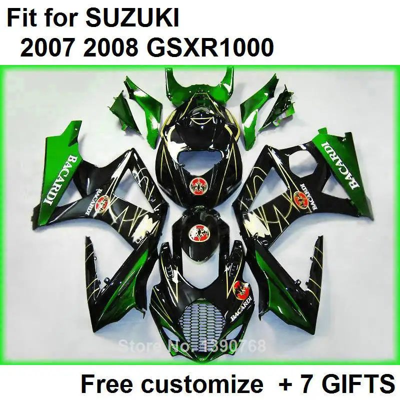 Cheap motorcycle fairing kit for Suzuki GSXR1000 2007 2008 black green bodywork fairings set