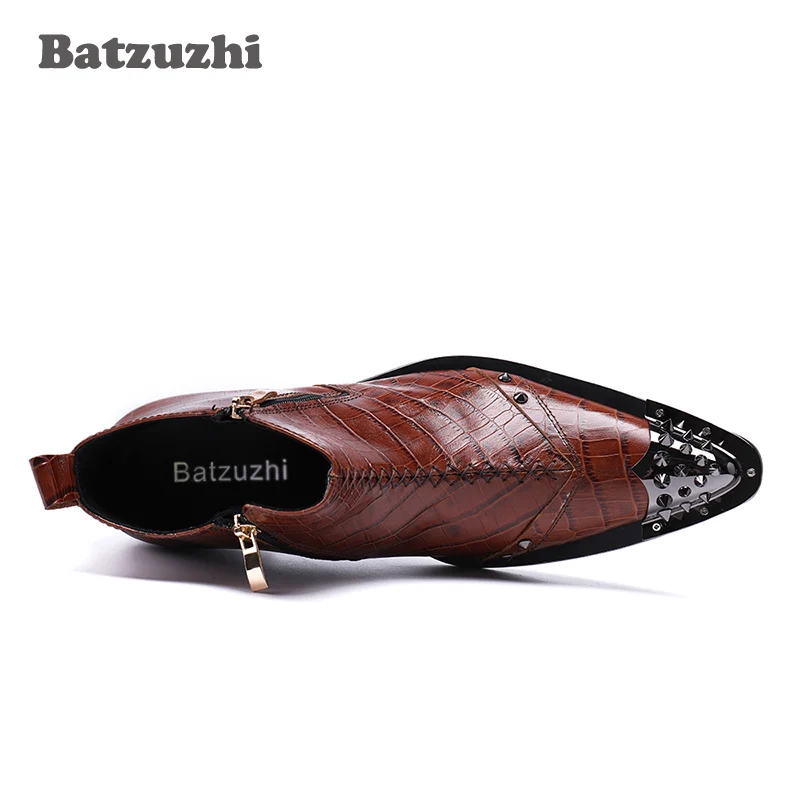 Metal Homem Toe Homens Without Batzuzhi Couro Boots with Moda Dedo Marrom Dos Do Toe Hombre Luxo De Italiano Pé Feitos Genuínos Botas Mão Ankle Estilo Apontado À BgUxnAgFqw