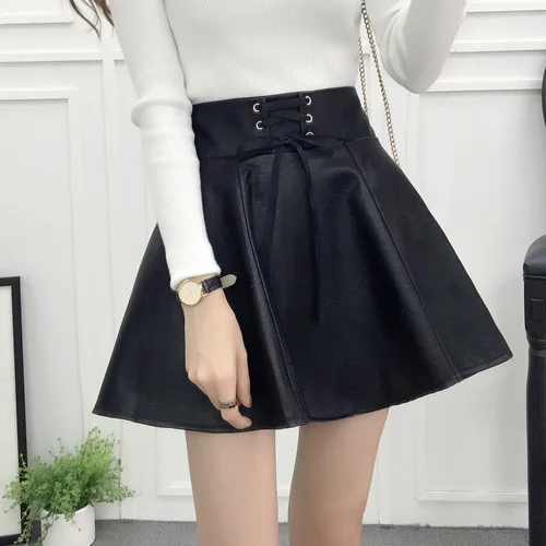tie Винтажные юбки женские г., весна-осень зимние корейские Vestido feminina милый сладкий искусственная кожа лук черные тонкие юбки женский y0702 - Цвет: tie