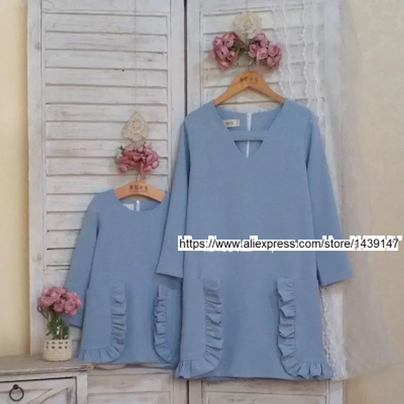 

Children clothing Mother and Daughter Dresses solid light blue,2-10 years old Child baby Girl Clothes, Women plus Large size 4XL