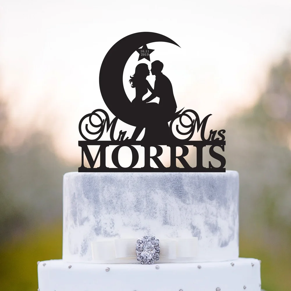 

Personalized Moon wedding cake topper, Bride and Groom with name&date silhouette cake topper,Mr and Mrs Wedding Decor Supplies