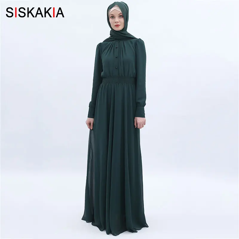 Green abaya Siskakia с двойным бортиком Слои высокой плотности шифоновое ТРАПЕЦИЕВИДНОЕ Длинное Платье темного-синего цвета, на лето, Арабский мусульманский молитва одежда темно-зеленый - Цвет: Green abaya
