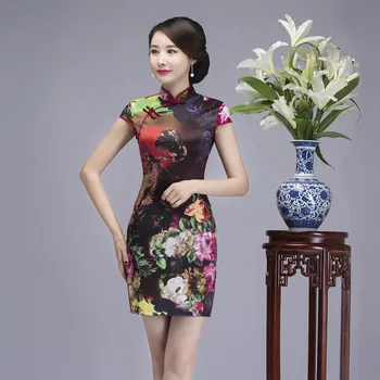 

NEW Women Mandarin Collar Elegant Qipao Vintage Mini Sexy Chinese Dress Short Sleeve Print Floral Cheongsam Big Size M-5XL