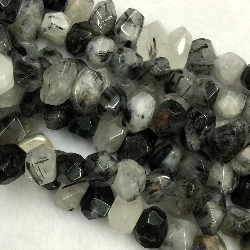 

Wholesale Natural Genuine White Black Hair Rutile Quartz Hand Cut Faceted Nugget Free Form Loose Big Beads 15" 04253