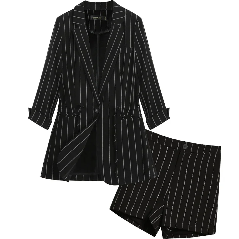 

Summer Black White Striped Notched Blazers With Elastic Waist Shorts Suits Womens Two Piece Sets 2019 Elegant 2 Piece Women Set