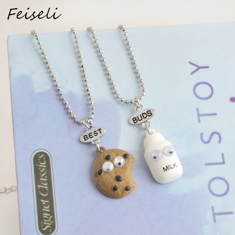

Feiseli 2pcs Cute Cartoon Cookie Milk Best Buds Friends Pendant Necklace Hot Sale Fashion Metal Chain Necklace Jewelry Gift