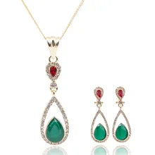 Beautiful Cheap Green Crystal Water Drop Pendant For Women Wedding Bridal Chain jewelry sets