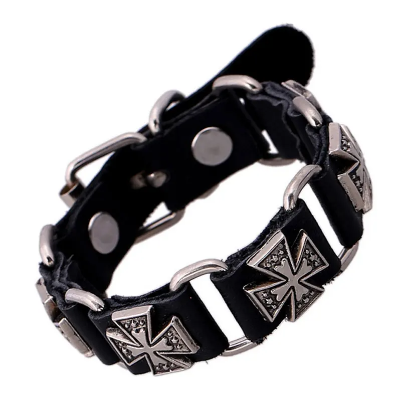 

Hot New Arrival Hip Hop Genuine Leather Bracelet Cuff Rope Bangles Cowboy Rider Retro Punk Cross Rivet Men Bracelets