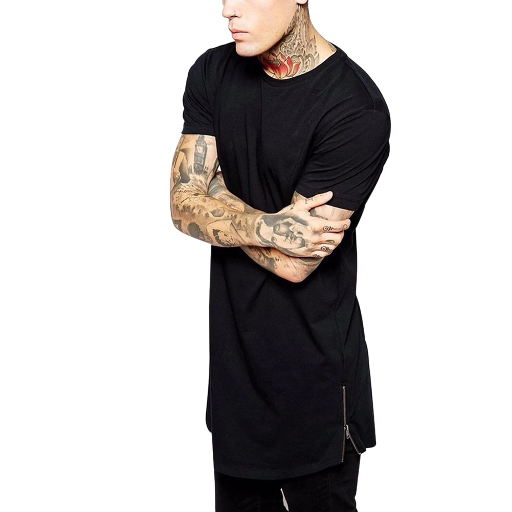 Men long t shirt Zipper Hip Hop longline extra long length tops tee
