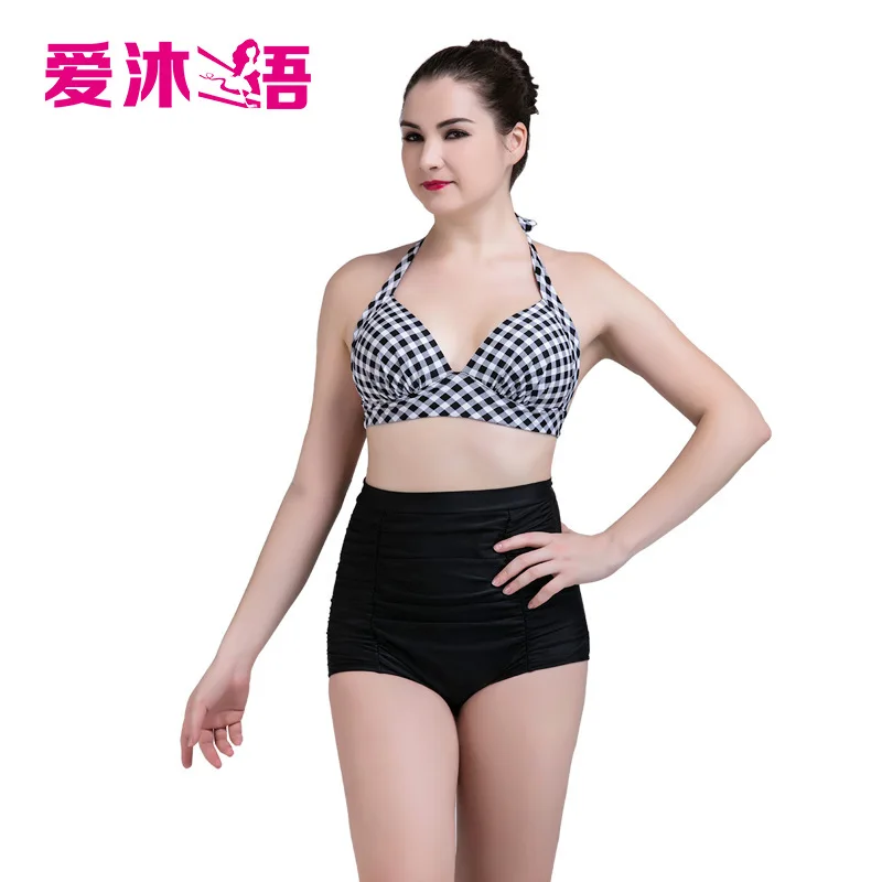 

Spring and summer new plaid stitching fashion bikini European and American swimsuit beach split high waist swimsuit