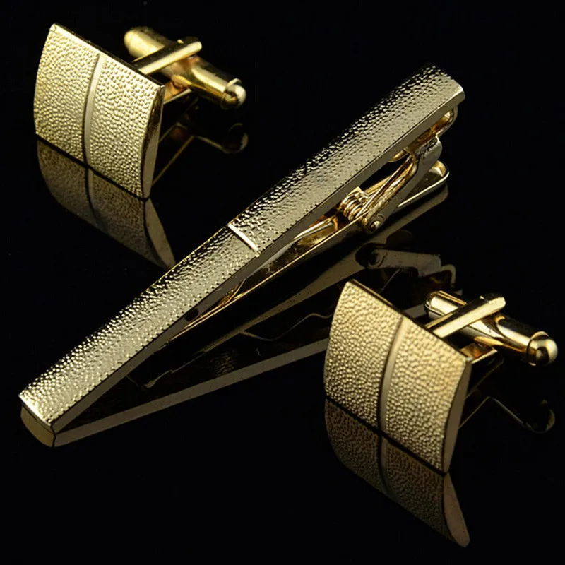 

Luxury Gold Cufflinks Men Plating Metal Necktie Tie Bar Clasp Clip Cufflinks Set Gold Simple Gift Cuff Links for Wedding P20