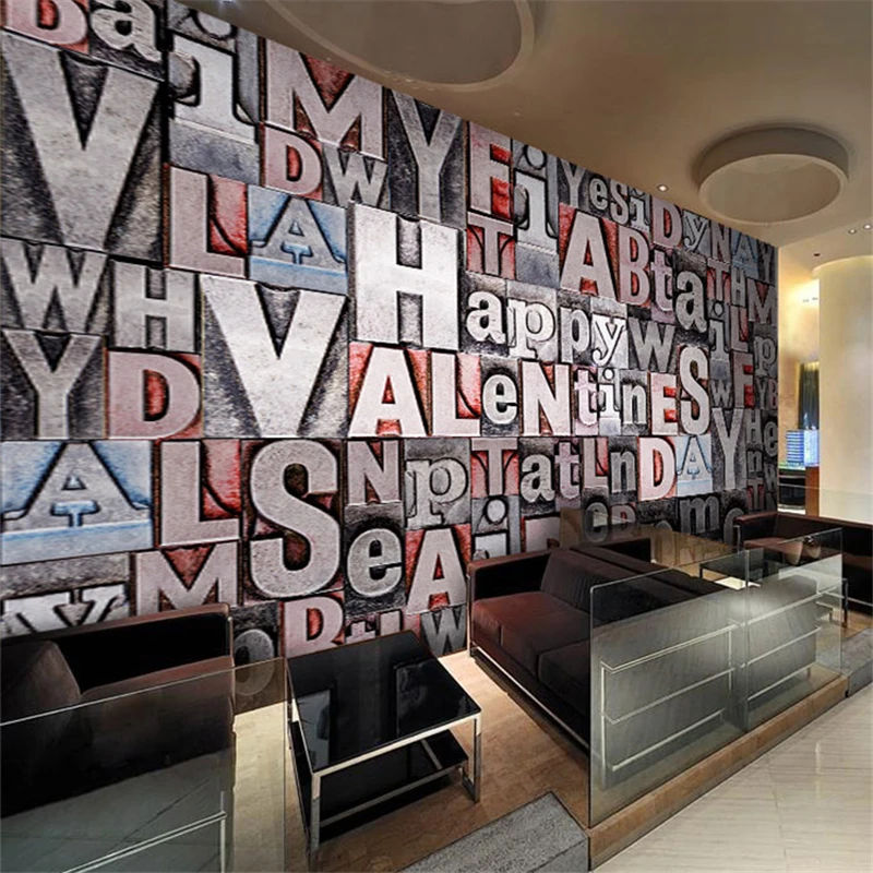 wall paper 3D stereoscopic wood grain color English letters PVC large mural Cafe Retro KTV bedroom wallpaper papel de parede