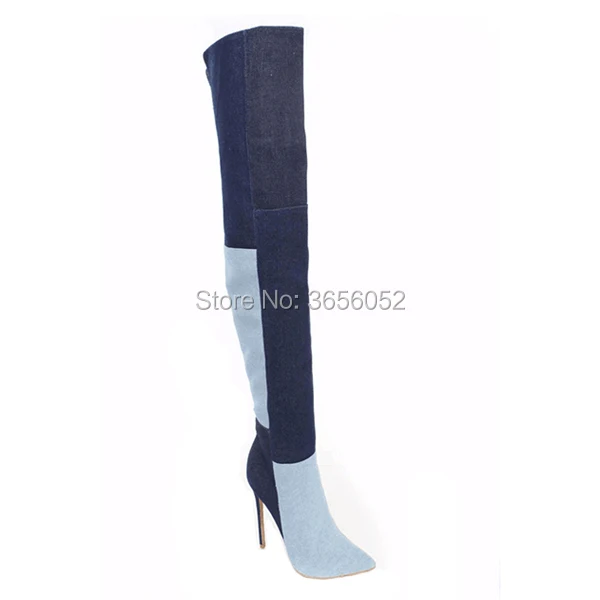 As Zapatillas Por Mezclado Pic Qianruiti Color Encima Delgada La De Punta Rodilla Tacones Botas Mujer Vaquera Stiletto Zapatos as Denim Pic pxTOwq
