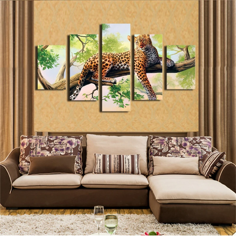 Hot Sale 5 Panel Unframed Canvas Art Leopard Picture Oil Painting