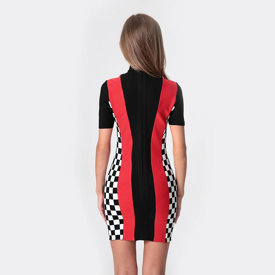 Turtleneck-Short-Sleeve-Above-Knee-Bodycon-Dress-Womens-Plaid-Color-Match-Mini-Bandage-Dresses-Ropa-Verano (4)