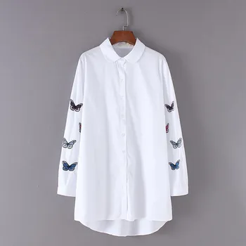 

2019 Summer Women Butterfly Embroidery Blouses Simple Turn-Down Collar Plus Size Shirt Animal White Long Sleeve Tops