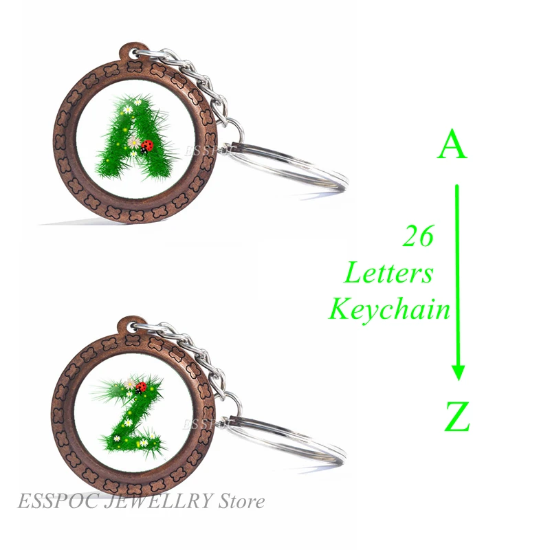 26 Letters A-Z Wooden Key Chain Round Glass Cabochon Jewelry Letter Creative Pendant Fashion Accessories Keychain Birthday Gifts | Украшения