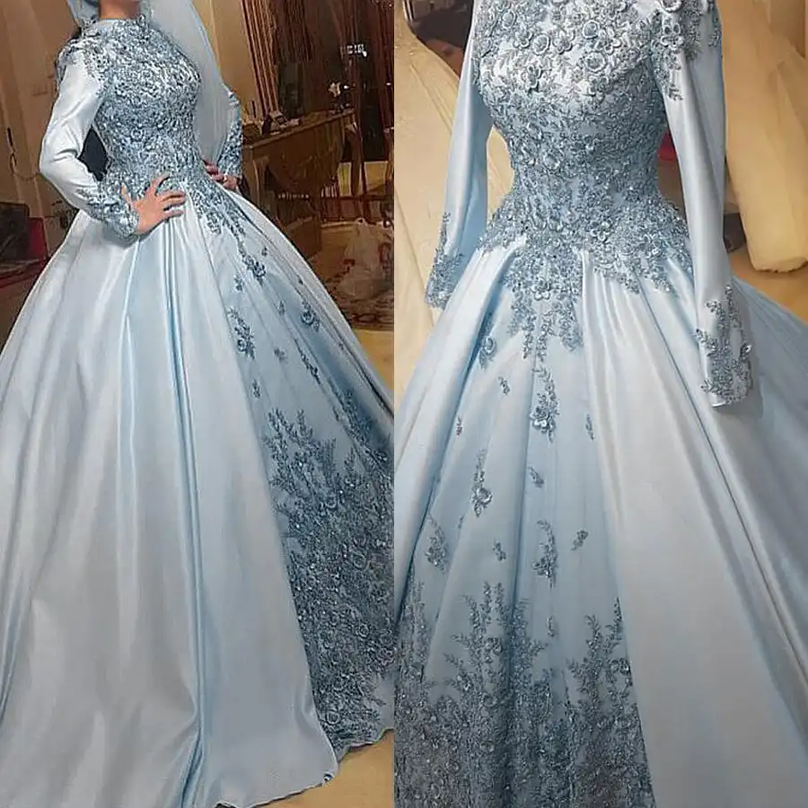 Vintage Satin High Collar Blue Satin Ball Gown Muslim Wedding