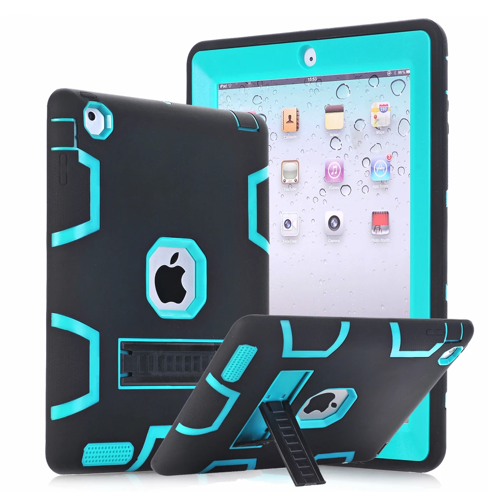 

For Apple iPad 4 iPad 3 iPad 2 Case Cover Armor Defender Heavy Duty Rugged Hybrid Three Layer Full Body Protective w/KickStand