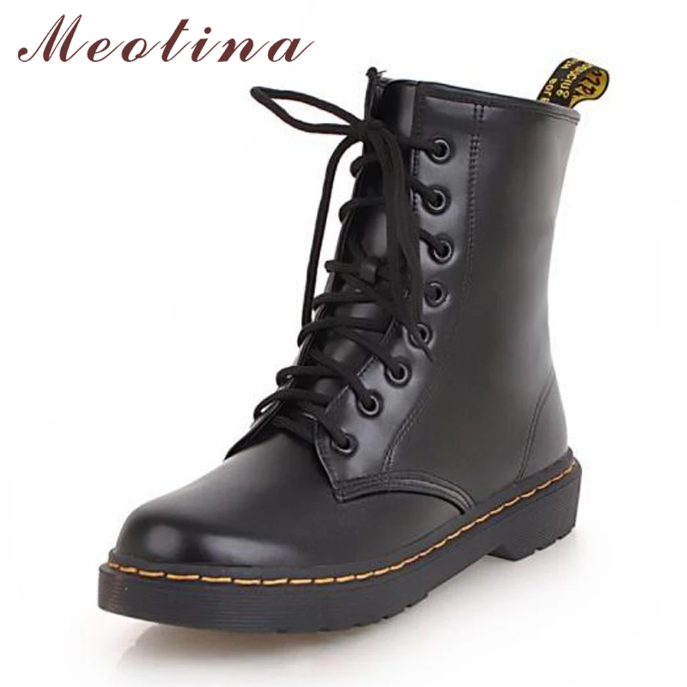 

Meotina Winter Boots Women Shoes Round Toe Flat Ankle Boots Martin Lace Up Motorcycle Boots Ladies Footwear White Red Black 4-43